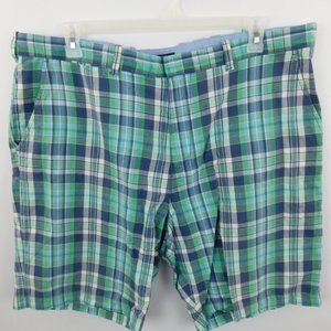 Blue and green plaid chino shorts
